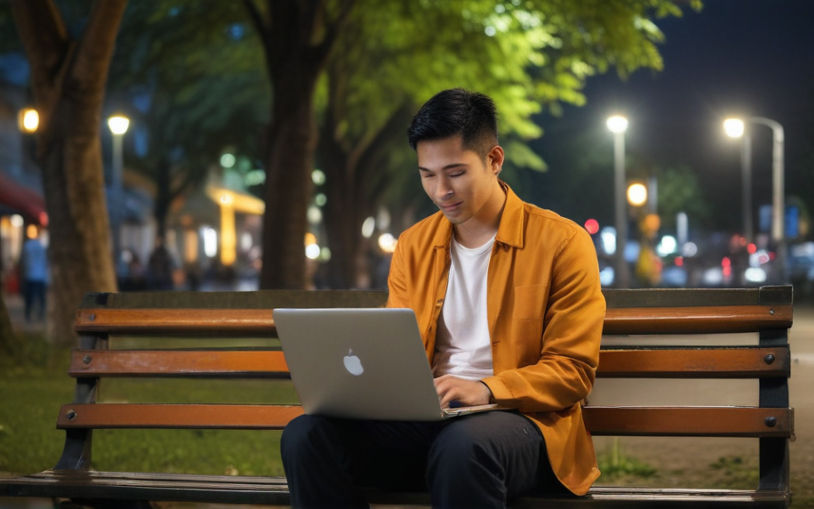 An Indonesian man relaxes on a park bench, laptop open, face illuminated.