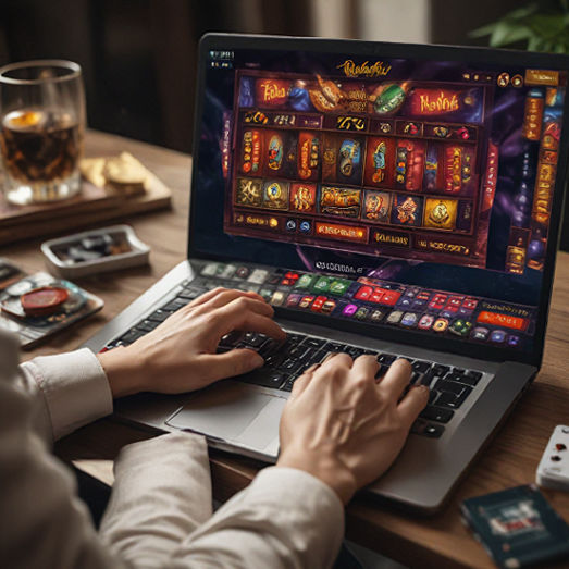 A person using a laptop to play high RTP slots on a sleek online casino platform.