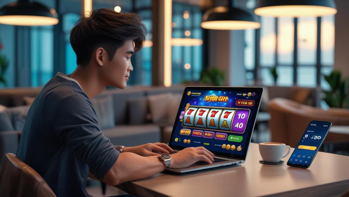 Young Malaysian man enjoying JILI slots on laptop in cozy modern apartment.