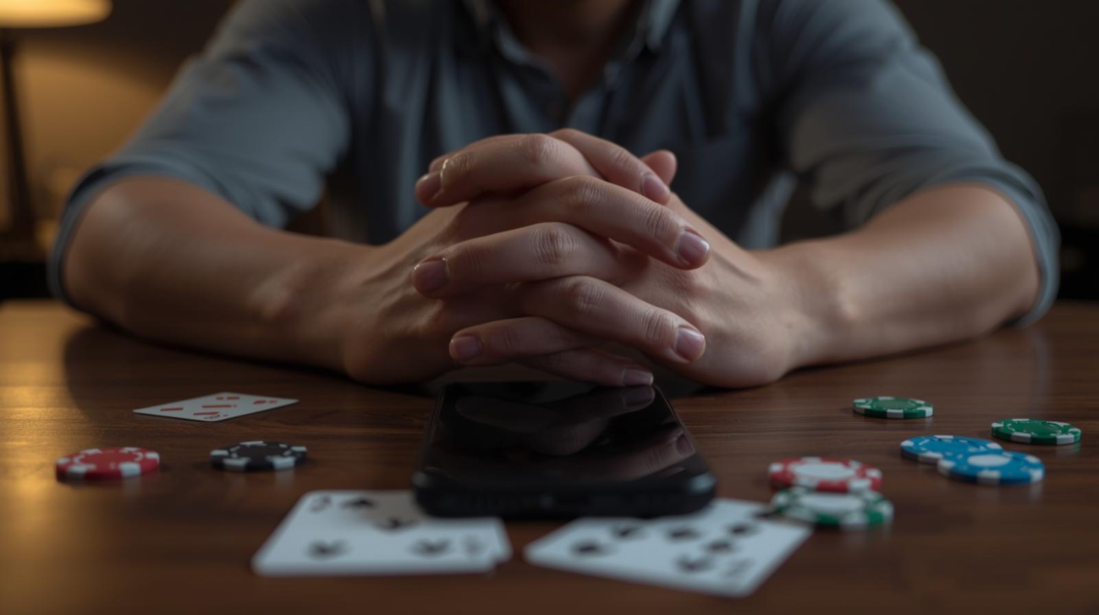 Poker chips and cards on desk beside smartphone in warm home setting.