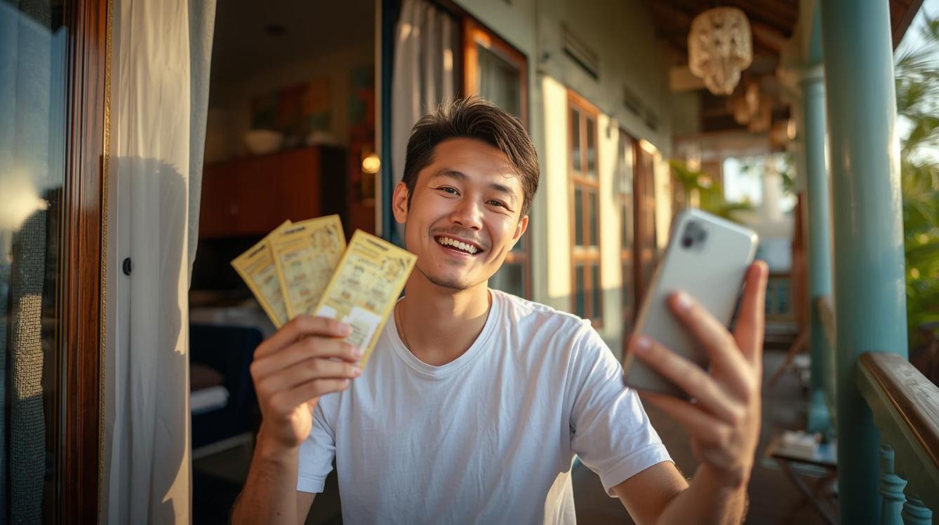 Happy Thai adult celebrating online lottery win in bright modern home setting.