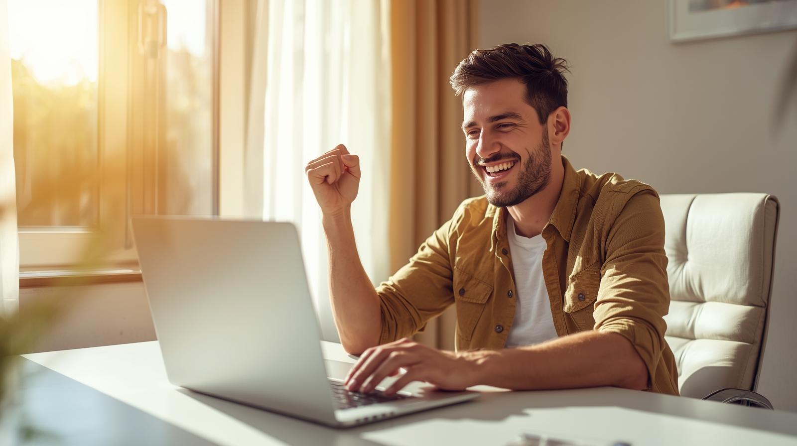 Happy man celebrating online casino win on laptop in bright, cheerful room.