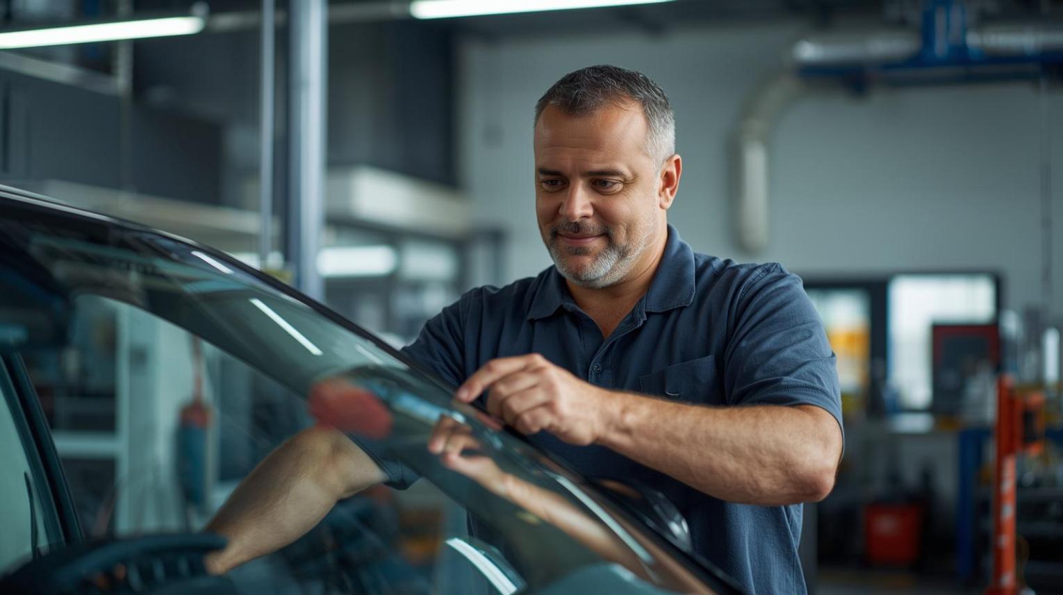 Man inspects windshield carefully in bright workshop with hopeful modern engineering atmosphere.