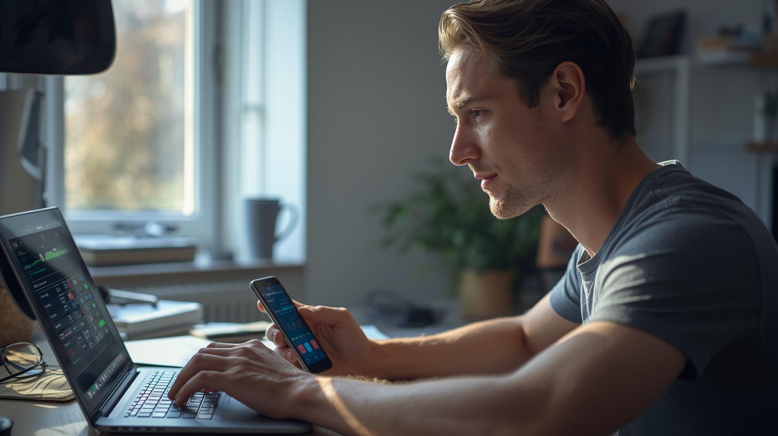 Man using laptop and phone exploring digital betting platforms in bright workspace.